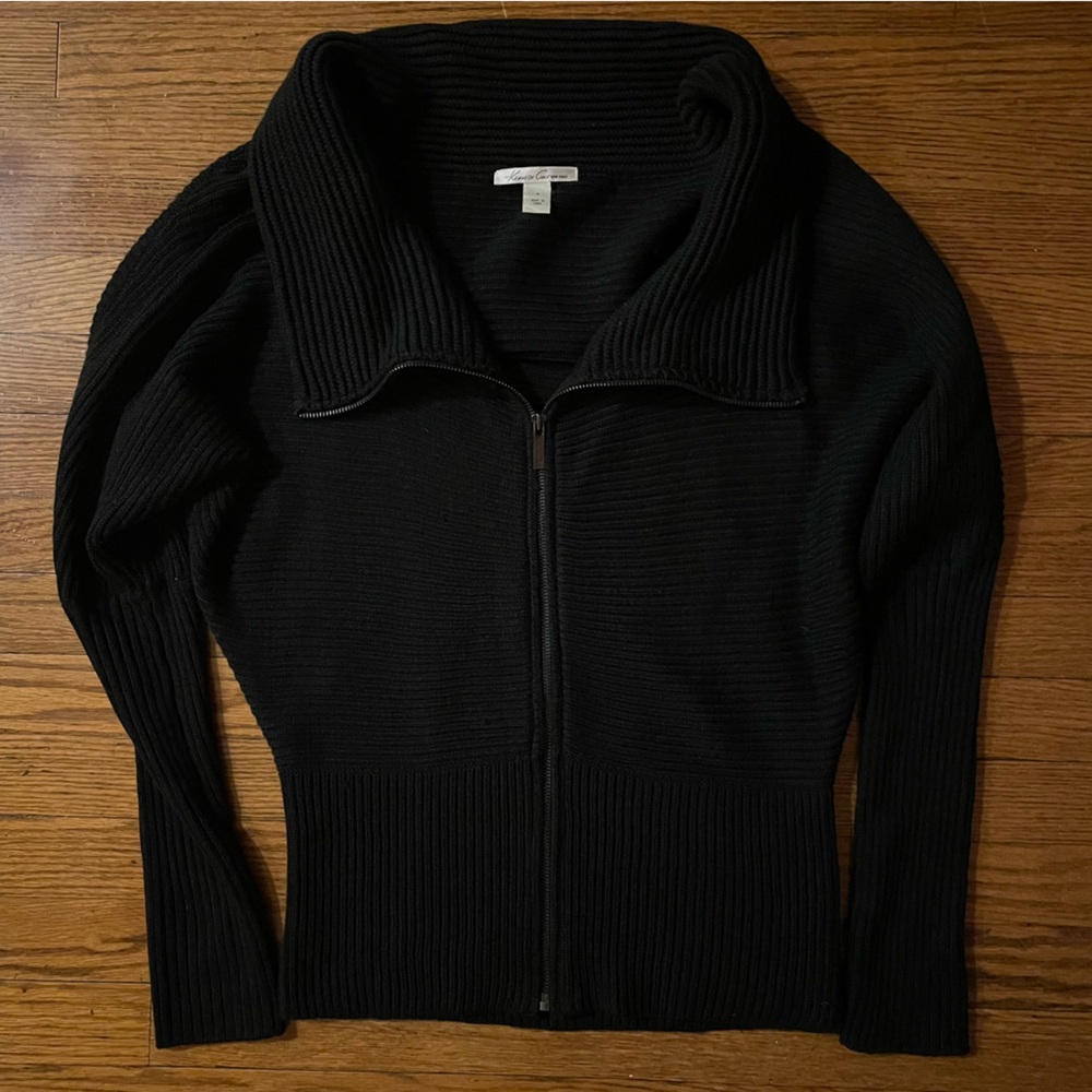 Kenneth Cole New York Black Ribbed Knit  Full Zip Collared Wool Sweater